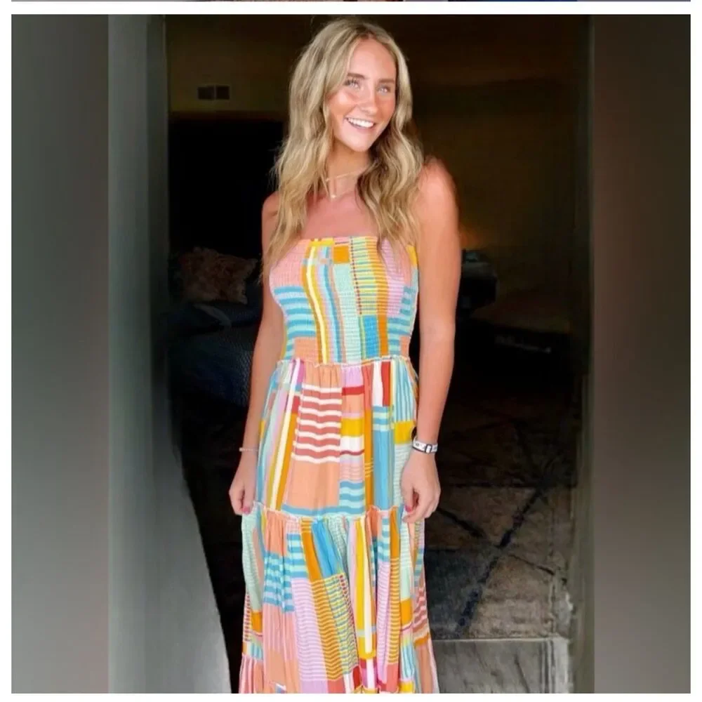 Abel the Label Anthropologie Patchwork Strapless Tiered Maxi Dress Small Smocked - Picture 3 of 10